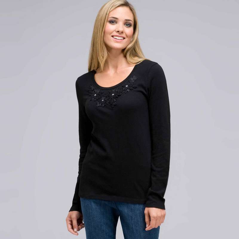 Long Sleeve Appliqued Crew Neck, Black, large image number 0
